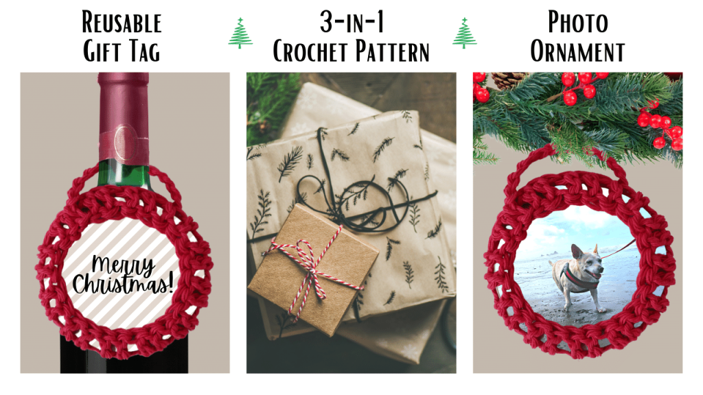 Crochet 3-in-1 Photo Ornament, Gift Tag, and Wine Marker